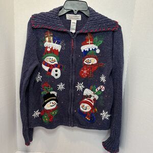 Vintage Tiara International Ramie Blend Blue Snowmen Medium Christmas Cardigan